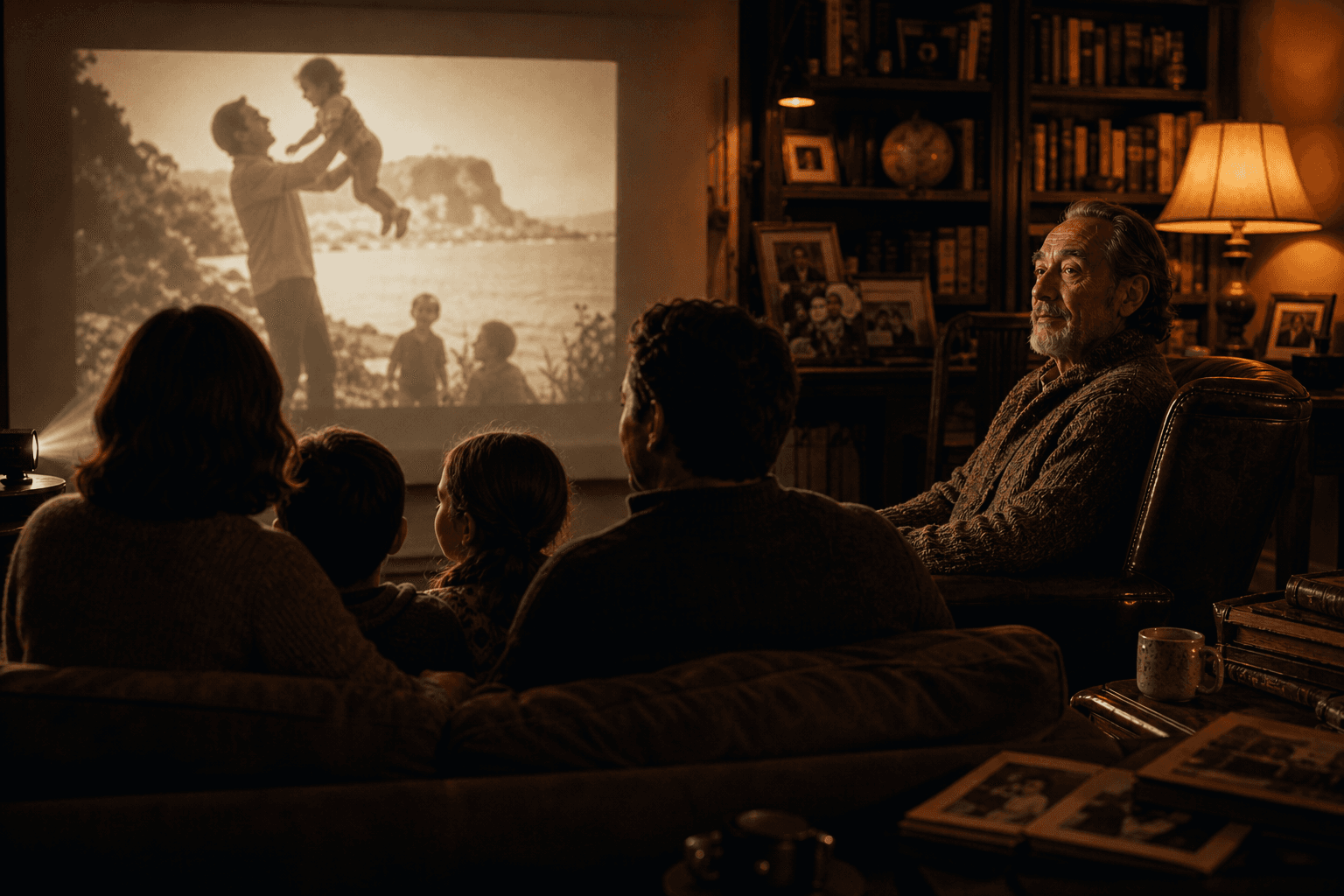A family watching a personal film projection together