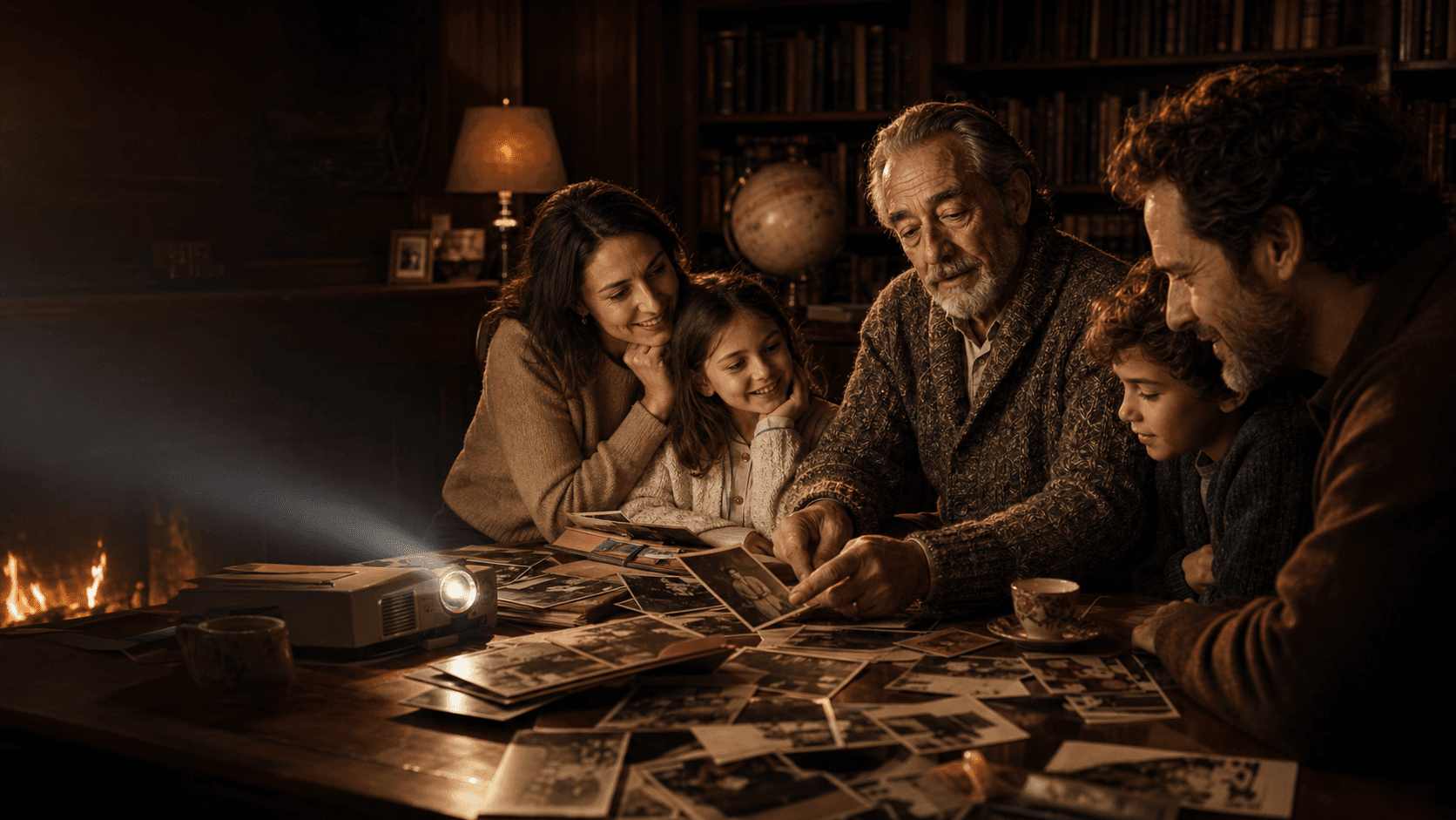 A cinematic family memory scene in warm projector light