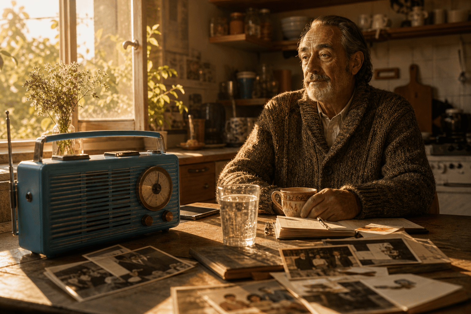 A blue radio and family photos on a sunlit kitchen counter